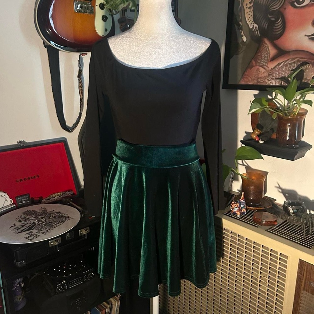 Velvet Forest Green Skater Skirt - Womens
